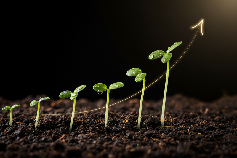 A beautiful time-lapse photograph of a small, healthy green sprout growing in rich soil, pushing up towards the light. Symbolizes personal growth and progress. Macro shot, dark background, high detail on the water droplets on the leaves.