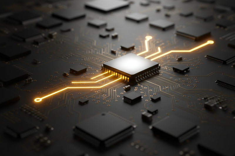 A dark, sleek, macro shot of a printed circuit board (PCB). Most of the pathways are dark and inactive, but one single, glowing, golden pathway is lit up, leading from a starting point to a central processing chip that is brightly illuminated. The concept of channeling thoughts and energy effectively. High-tech, clean, and focused.