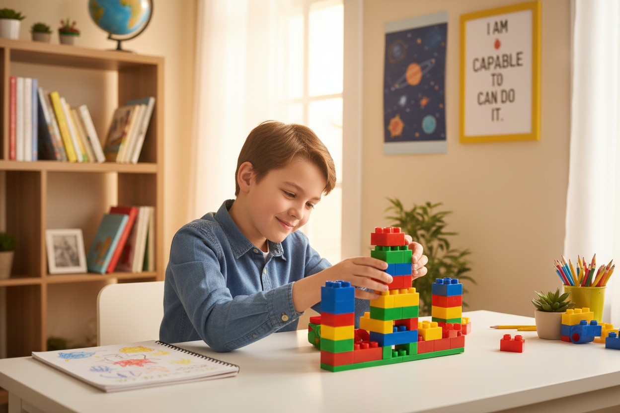 A happy child (8-10 years old) with ADHD successfully focusing on an engaging activity at a clean desk. The child has a gentle, focused expression with a slight smile, showing concentration and enjoyment. The activity could be building with colorful blocks or drawing in a notebook. In the background, there are subtle elements suggesting a supportive learning environment - bookshelves with colorful books and educational posters. The overall mood is positive, hopeful, and empowering. Warm, soft lighting with 
