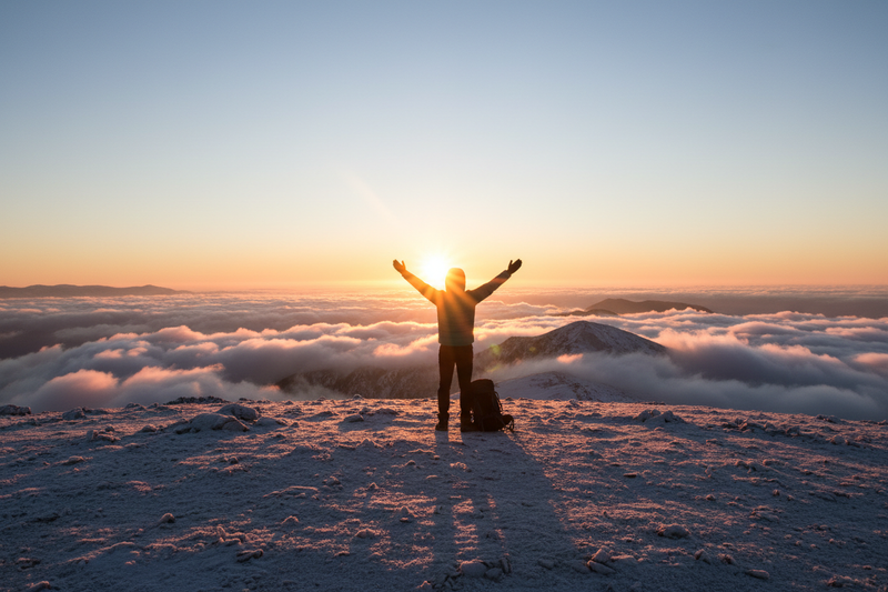A person standing on a calm, serene mountain peak at sunrise, looking out at a clear horizon. The focus is on the feeling of accomplishment and clarity, not the person's face. Photorealistic, inspiring, with warm golden hour lighting.