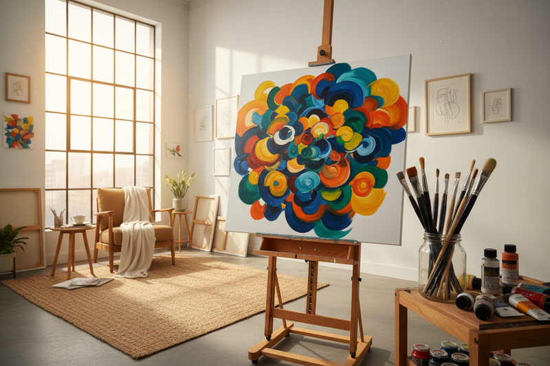 A photorealistic image of a clean, bright artist's studio. A canvas on an easel shows a half-finished, abstract but colorful painting. Paintbrushes are neatly arranged in a jar. The scene feels creative, organized, and in a state of flow. Natural, bright lighting from a large window.