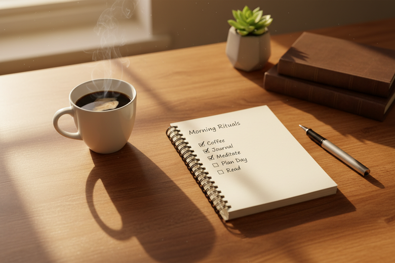 A photorealistic image of a very clean and organized wooden desk. A single open notebook lies in the center with a neat checklist, and one pen lies next to it. A cup of coffee is nearby. Soft morning light from a window. Calm, productive, and inviting atmosphere.