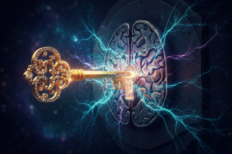 A photorealistic, macro shot of an ornate, antique key made of glowing gold turning in a lock. The keyhole is shaped like a human brain. As the key turns, intricate, glowing patterns of light emerge from the lock. Symbolizes unlocking the mind's full potential. Dark, mysterious background with high contrast.