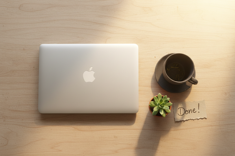 A top-down flat lay photo of a closed laptop, a finished mug of tea, and a small, potted succulent plant on a simple wooden table. A handwritten note next to the plant says "Done!". The feeling of calm satisfaction after completing a focused work session. Warm, soft, afternoon lighting.